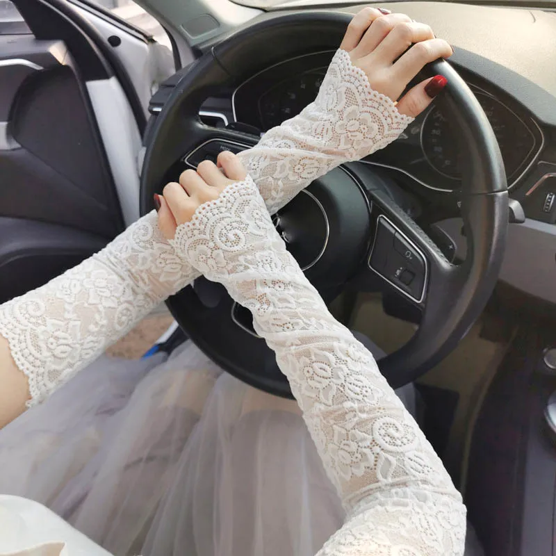 1Pair Sexy Lace Flowers Sunscreen Arm Sleeve for Women Summer Driving UV Protection Gloves Elegant Long Fingerless Arm Sleeve