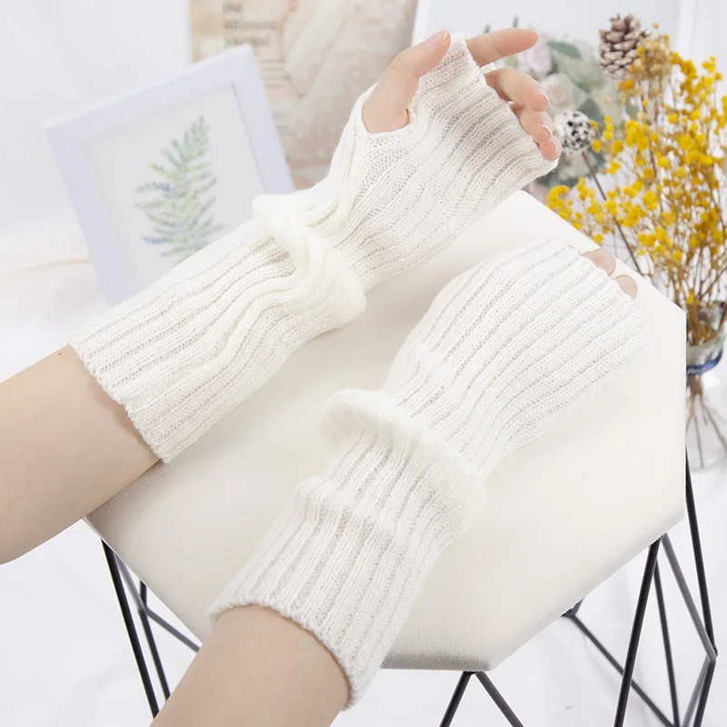 Long Fingerless Gloves Women Mitten Winter Arm Warmer Kawaii Knitted Sleeve Soft Girls Anime Clothes Punk Gothic Lolita Gloves