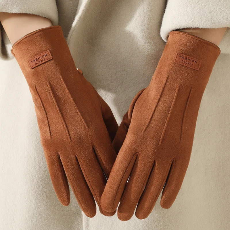 Autumn Winter Thin Not Bloated Suede Stripe Women's Gloves Keep Warm Touch Screen Elasticity Fashion Elegant Outdoor Cycling