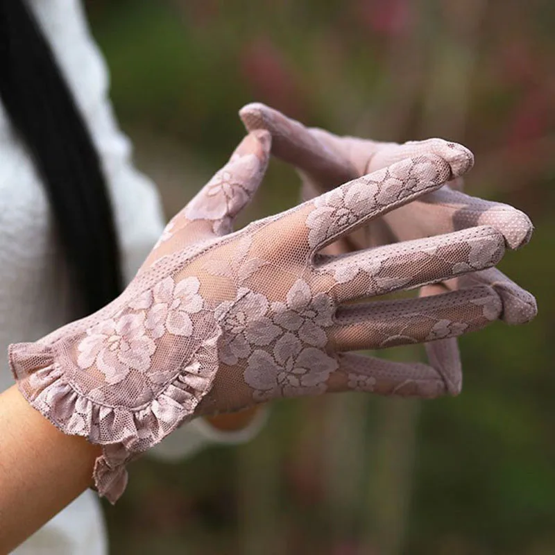 Women Summer Thin Lace Ruffle Edge Short Sexy Sunscreen Breathable Anti-skid Touch Screen Cycling Driving UV Gloves