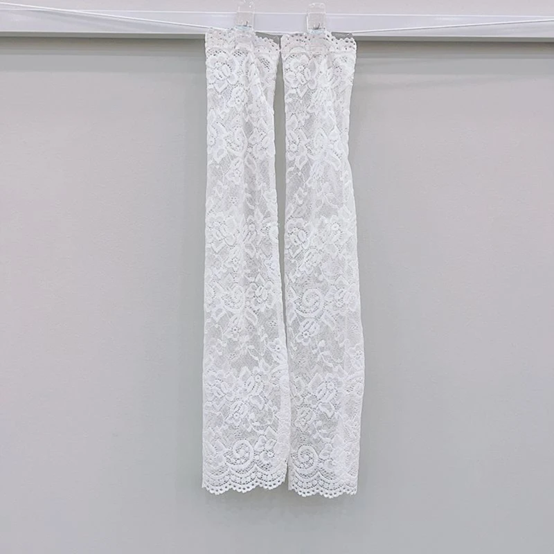Women Summer Ice Silk Lace Arm Sleeve Elastic Sleeve Driving Gloves Black White Long Fingerless Mittens Sunscreen Gloves