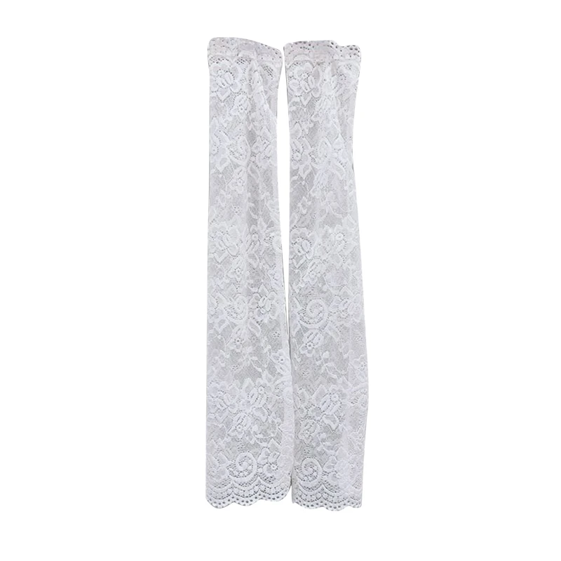 Women Summer Ice Silk Lace Arm Sleeve Elastic Sleeve Driving Gloves Black White Long Fingerless Mittens Sunscreen Gloves