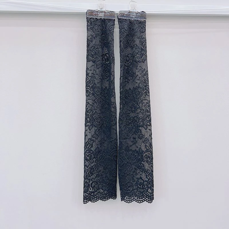 Women Summer Ice Silk Lace Arm Sleeve Elastic Sleeve Driving Gloves Black White Long Fingerless Mittens Sunscreen Gloves