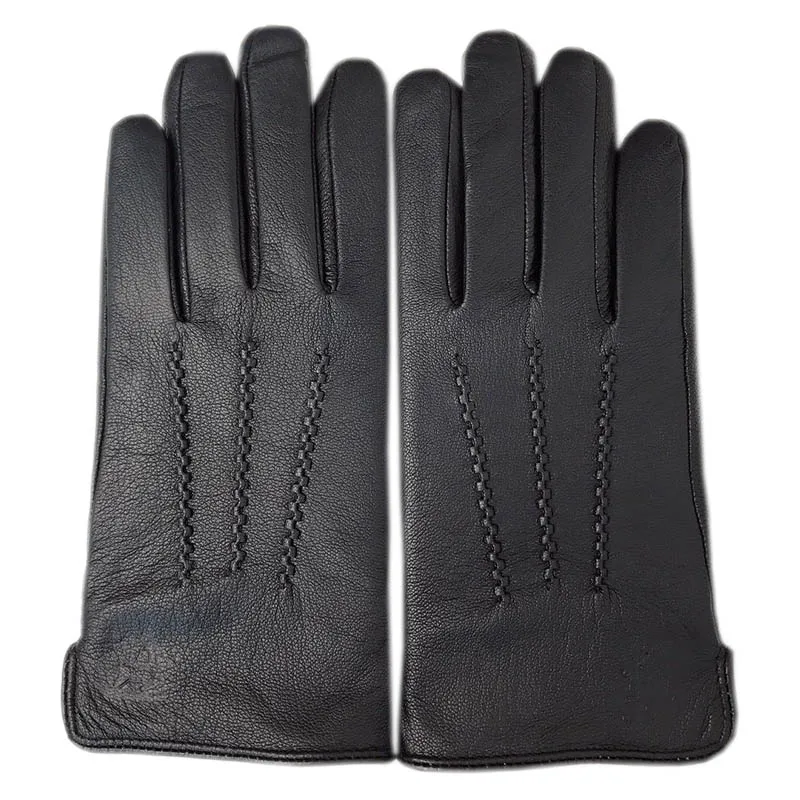 Winter Men's Deerskin Gloves Wrist Fashion New Genuine Deerskin Gloves Wool Lining Machine Sewing Warm Driving Riding Riding Col