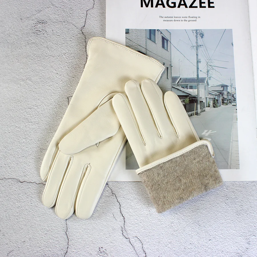 Color Sheepskin Gloves Women's Genuine Leather Fashion Straight Wool Lining Spring and Autumn Warm Outdoor Travel Driving