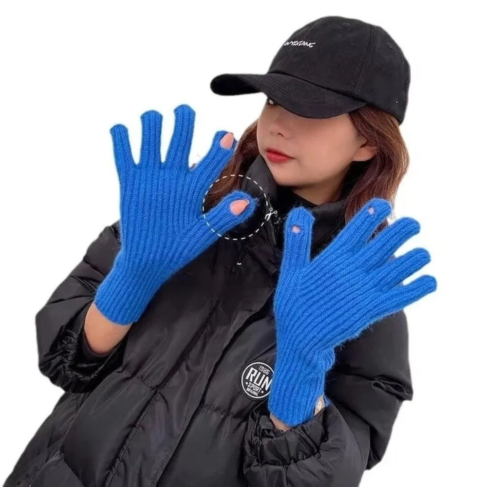 Striped Thermal Knitted Gloves Rabbit Fur Thickened Autumn Winter Warm Gloves Windproof Cold Resistant Knitted Gloves