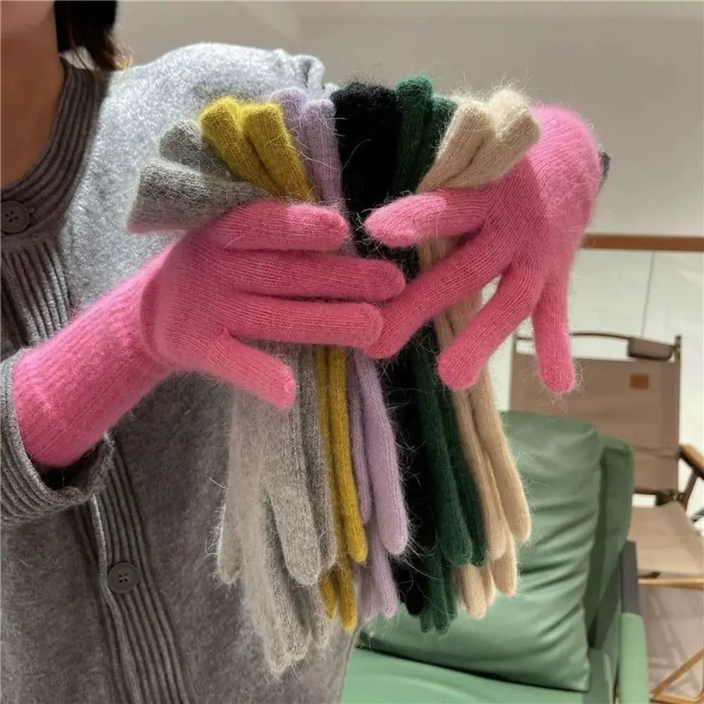Striped Thermal Knitted Gloves Rabbit Fur Thickened Autumn Winter Warm Gloves Windproof Cold Resistant Knitted Gloves