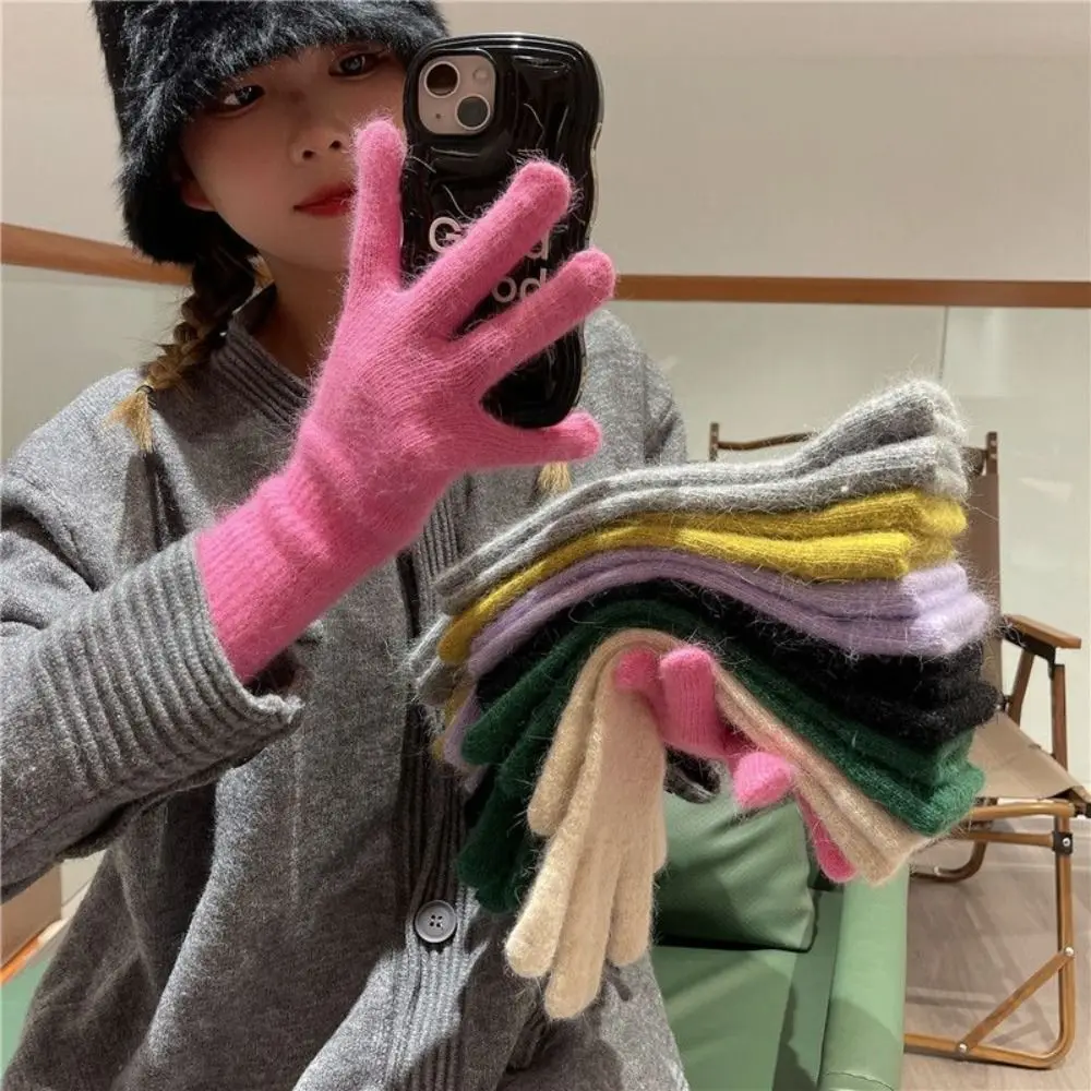 Striped Thermal Knitted Gloves Rabbit Fur Thickened Autumn Winter Warm Gloves Windproof Cold Resistant Knitted Gloves