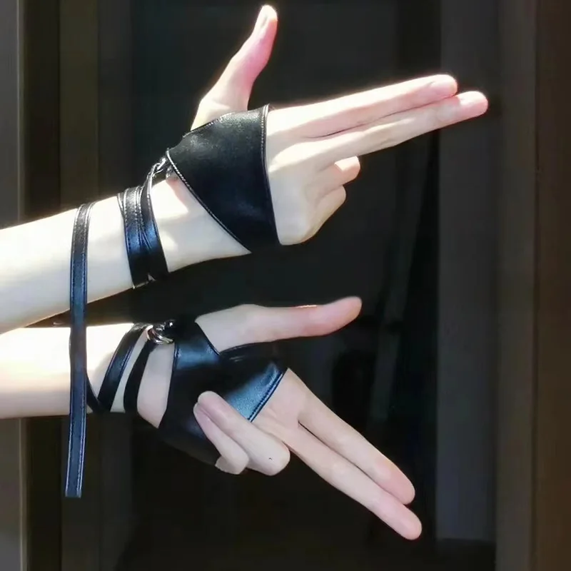 Gothic Punk Style Half-Finger Black Strap Leather Gloves Sexy Women Fingerless Stage Perfermence Cosplay Hip-Hop Accessories