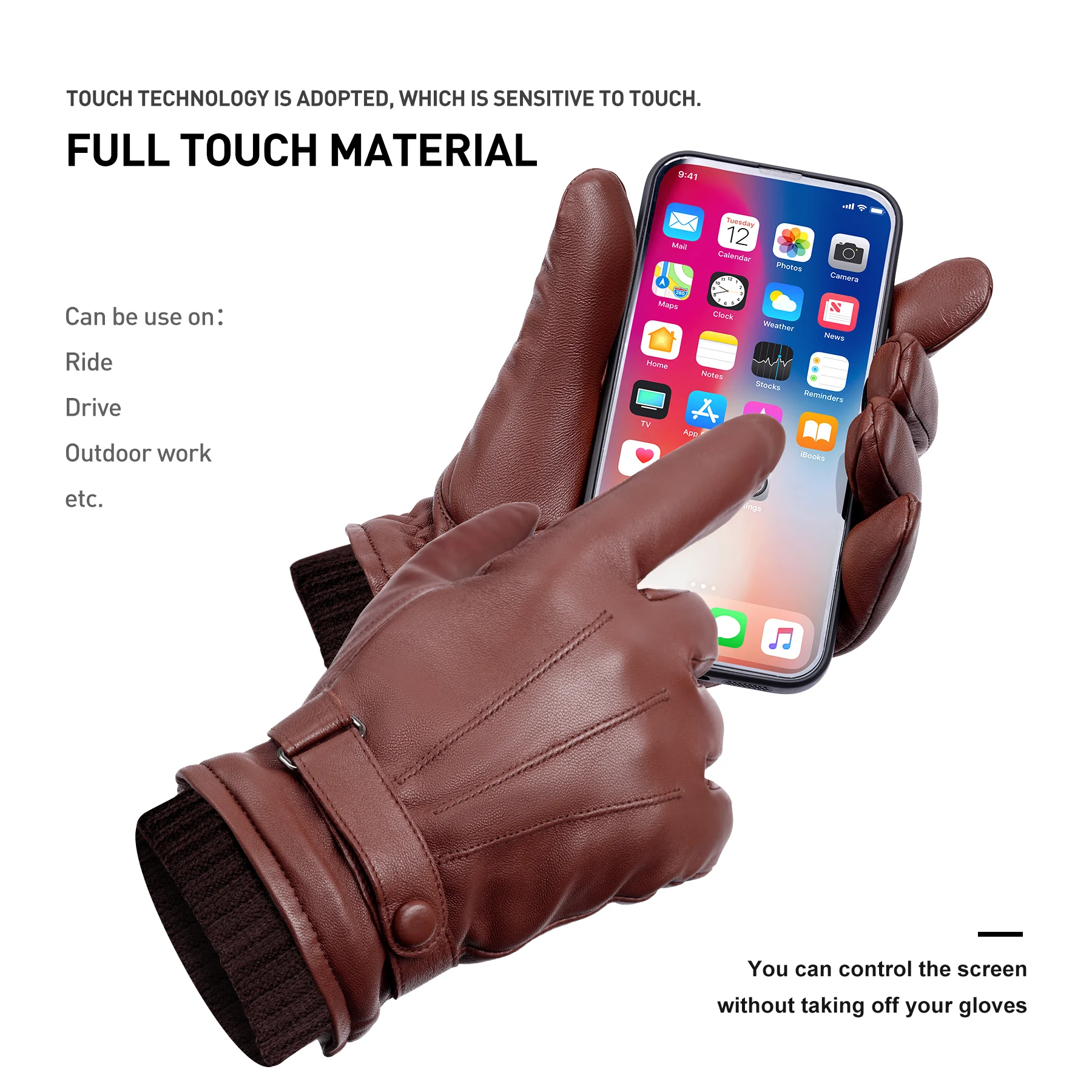 Men's 100% Sheepskin Leather Gloves High Quality Cashmere Lined Touchscreen Full Finger Mittens Winter Warm Gloves