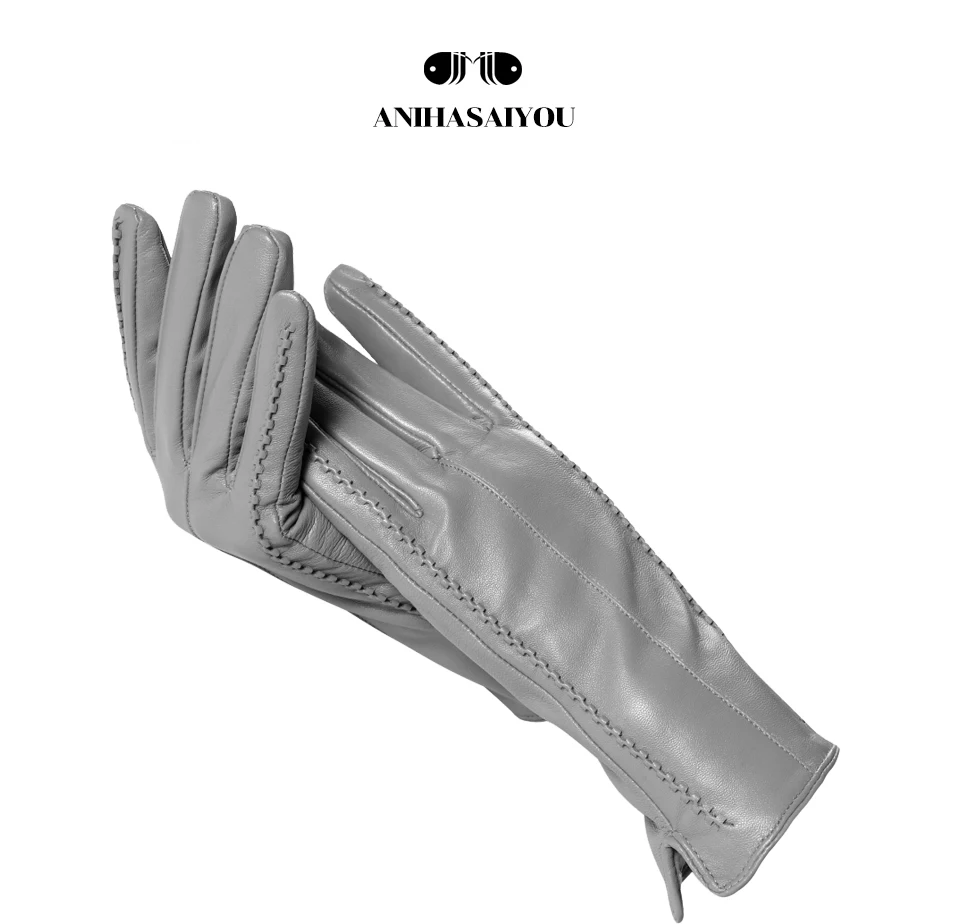 High Grade Women Leather Gloves, Genuine Leather Light Grey Warm Women's Winter Mittens, Simple Sheepskin Gloves Female-2226H