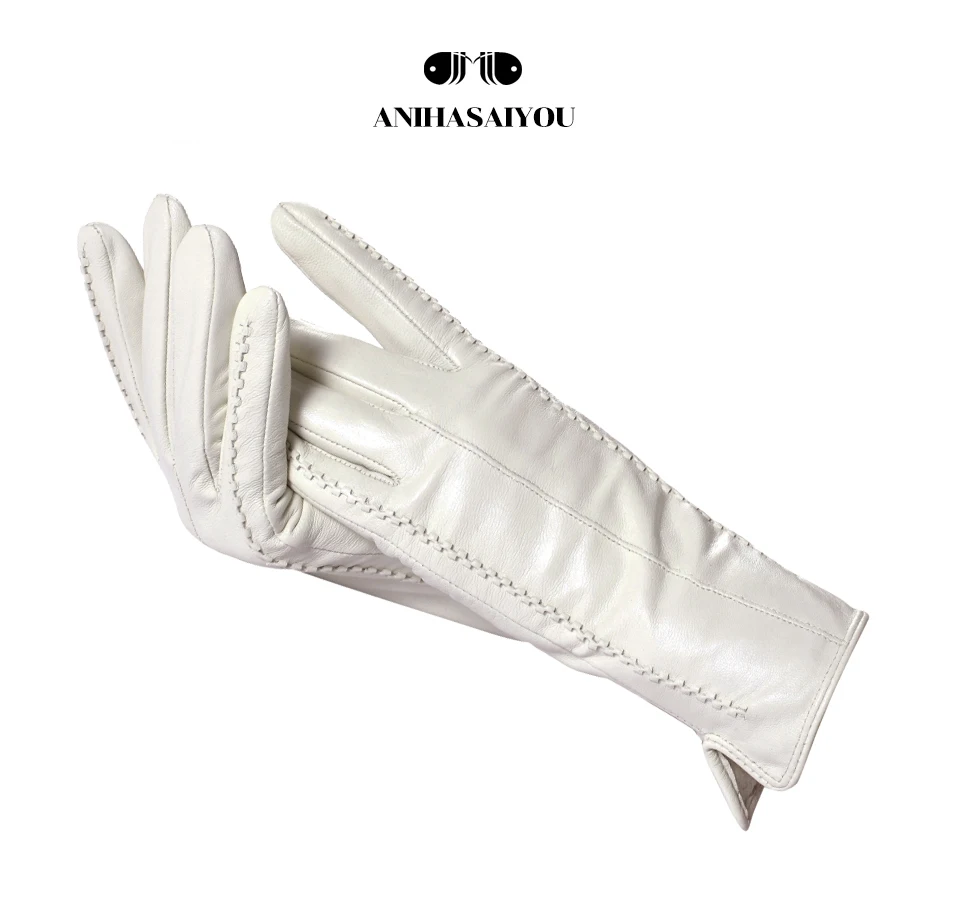 High Grade Women Leather Gloves, Genuine Leather Light Grey Warm Women's Winter Mittens, Simple Sheepskin Gloves Female-2226H
