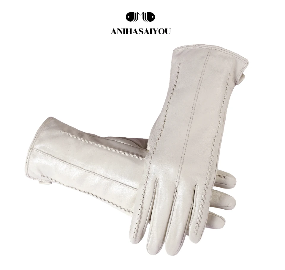 High Grade Women Leather Gloves, Genuine Leather Light Grey Warm Women's Winter Mittens, Simple Sheepskin Gloves Female-2226H