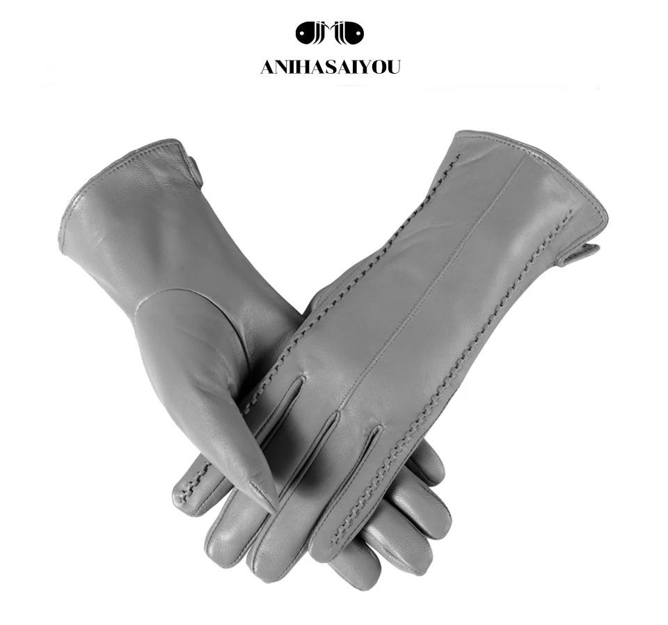 High Grade Women Leather Gloves, Genuine Leather Light Grey Warm Women's Winter Mittens, Simple Sheepskin Gloves Female-2226H