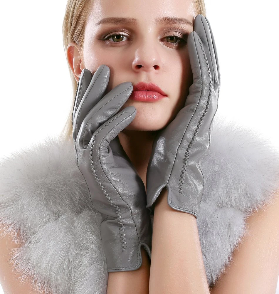 High Grade Women Leather Gloves, Genuine Leather Light Grey Warm Women's Winter Mittens, Simple Sheepskin Gloves Female-2226H