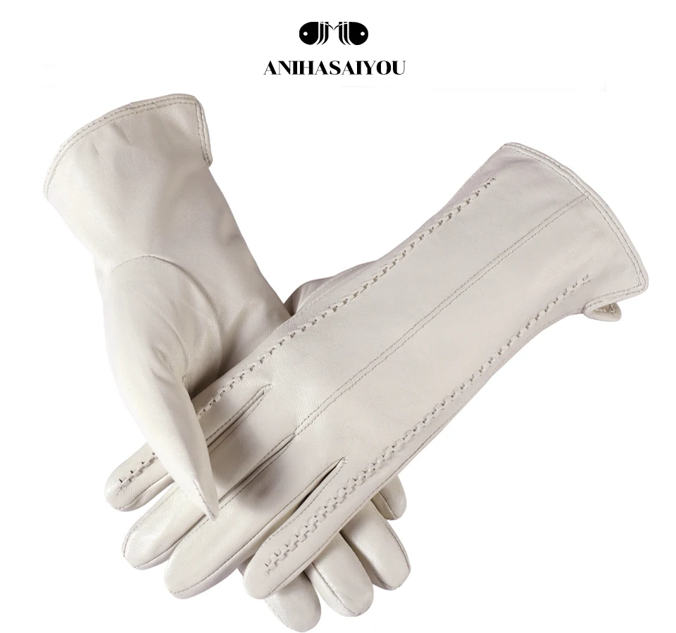 High Grade Women Leather Gloves, Genuine Leather Light Grey Warm Women's Winter Mittens, Simple Sheepskin Gloves Female-2226H