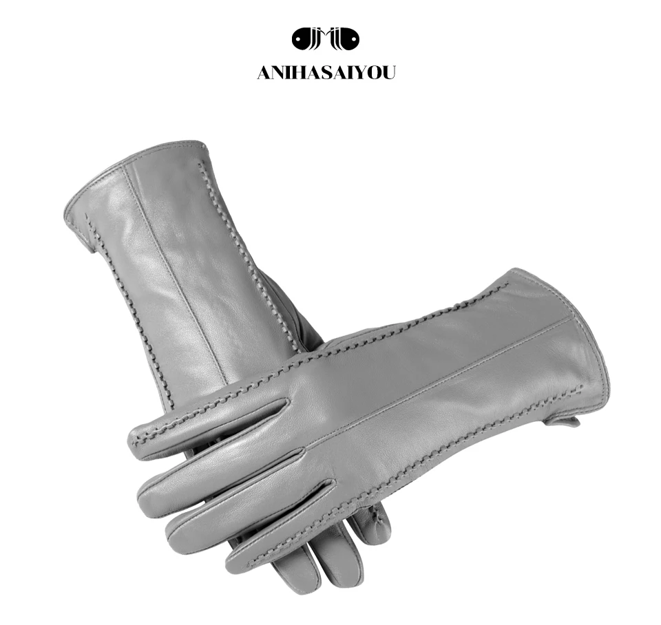 High Grade Women Leather Gloves, Genuine Leather Light Grey Warm Women's Winter Mittens, Simple Sheepskin Gloves Female-2226H