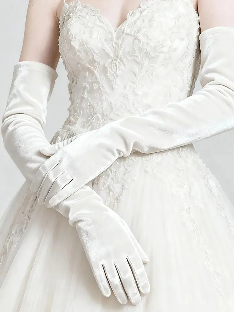 Elegant Velvet Solid 53cm Long GlovesWomen Fluffy Gloves Full Finger Evening Dress Etiquette Stage Performance Party Gloves