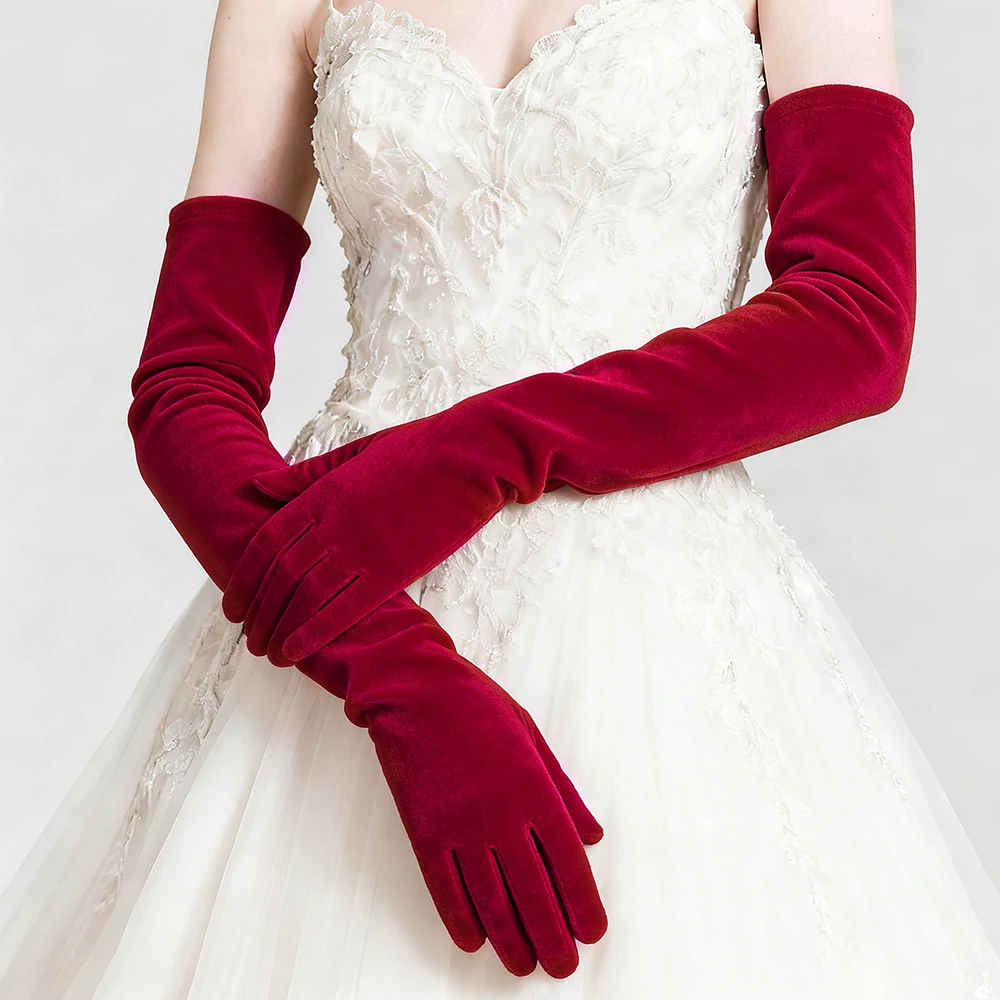 Elegant Velvet Solid 53cm Long GlovesWomen Fluffy Gloves Full Finger Evening Dress Etiquette Stage Performance Party Gloves