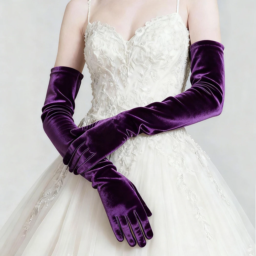 Elegant Velvet Solid 53cm Long GlovesWomen Fluffy Gloves Full Finger Evening Dress Etiquette Stage Performance Party Gloves