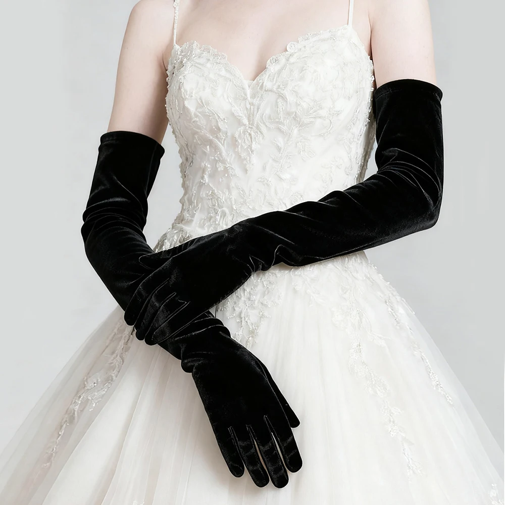 Elegant Velvet Solid 53cm Long GlovesWomen Fluffy Gloves Full Finger Evening Dress Etiquette Stage Performance Party Gloves