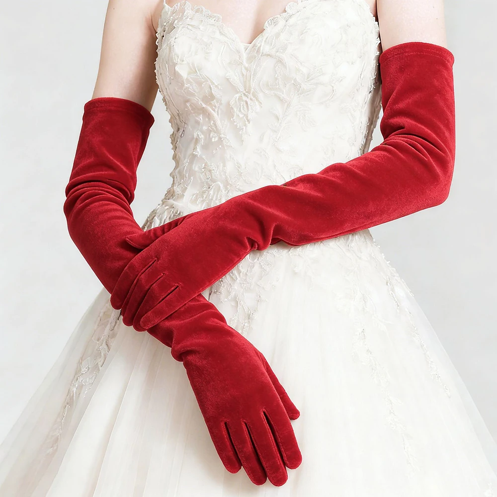 Elegant Velvet Solid 53cm Long GlovesWomen Fluffy Gloves Full Finger Evening Dress Etiquette Stage Performance Party Gloves
