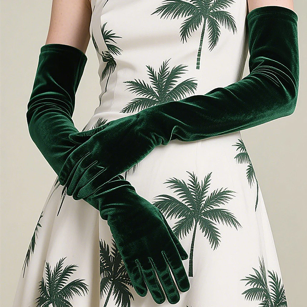 Elegant Velvet Solid 53cm Long GlovesWomen Fluffy Gloves Full Finger Evening Dress Etiquette Stage Performance Party Gloves