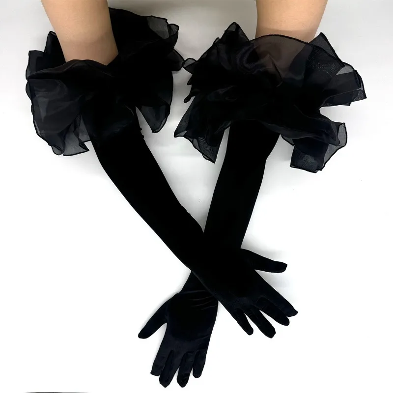 Women Burgundy Color Golden Velvet Mesh Ruffle Edge Long Aesthetic Gloves Etiquette Stage Performance Opera Wedding