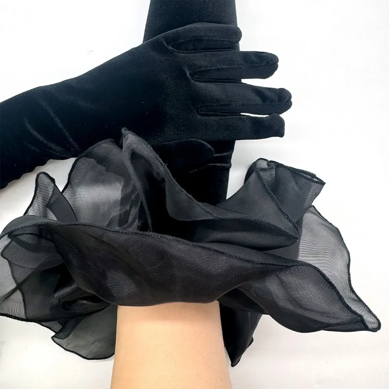 Women Burgundy Color Golden Velvet Mesh Ruffle Edge Long Aesthetic Gloves Etiquette Stage Performance Opera Wedding