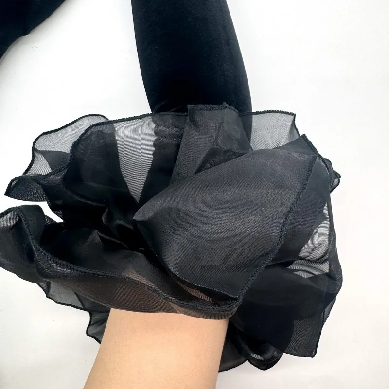 Women Burgundy Color Golden Velvet Mesh Ruffle Edge Long Aesthetic Gloves Etiquette Stage Performance Opera Wedding