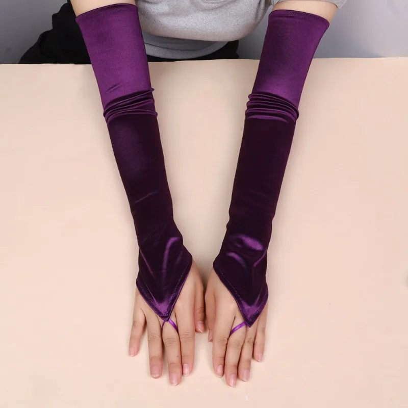 49CM Women Satin Hook Finger Long Fingerless Gloves Solid Retro Style Opera Elasticity Wedding Bride Cosplay Stage Performance