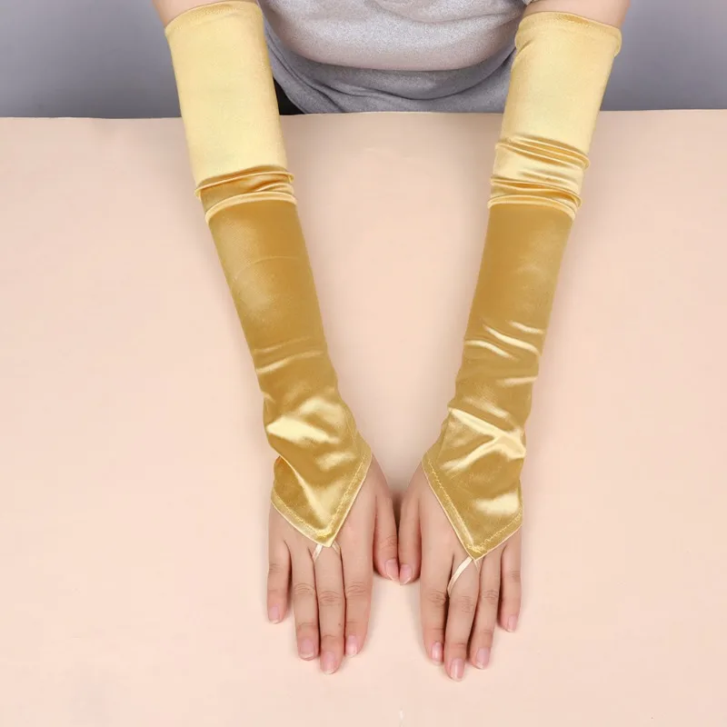 49CM Women Satin Hook Finger Long Fingerless Gloves Solid Retro Style Opera Elasticity Wedding Bride Cosplay Stage Performance
