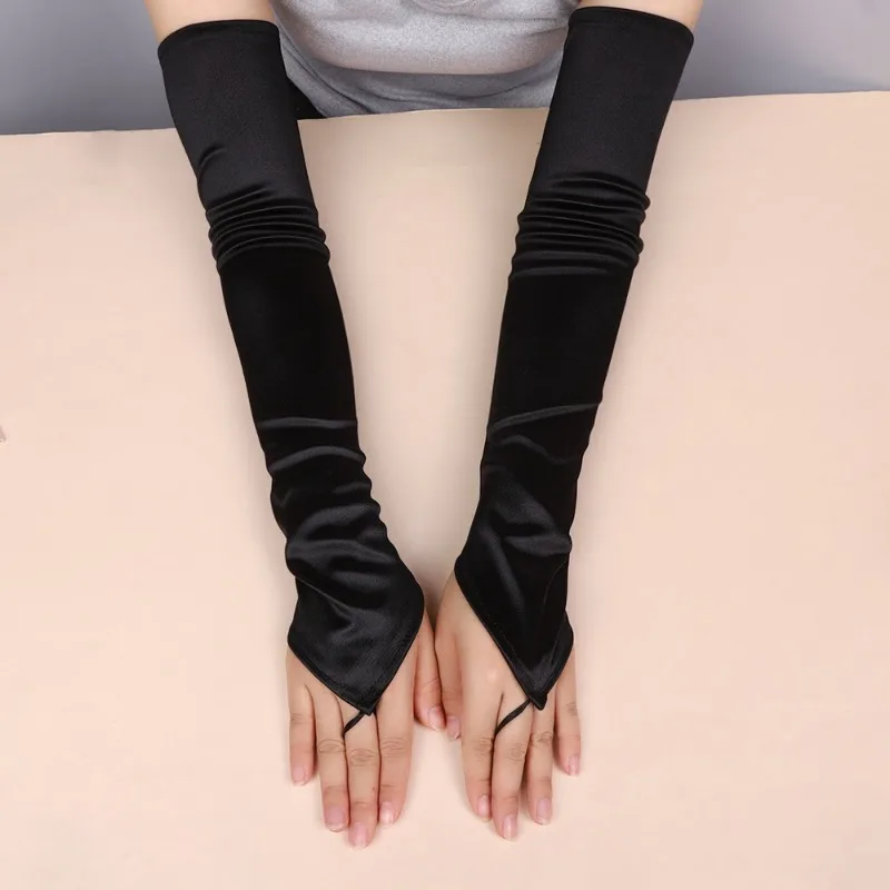 49CM Women Satin Hook Finger Long Fingerless Gloves Solid Retro Style Opera Elasticity Wedding Bride Cosplay Stage Performance
