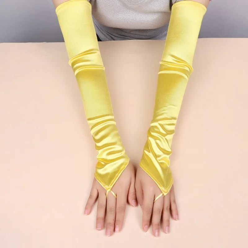 49CM Women Satin Hook Finger Long Fingerless Gloves Solid Retro Style Opera Elasticity Wedding Bride Cosplay Stage Performance
