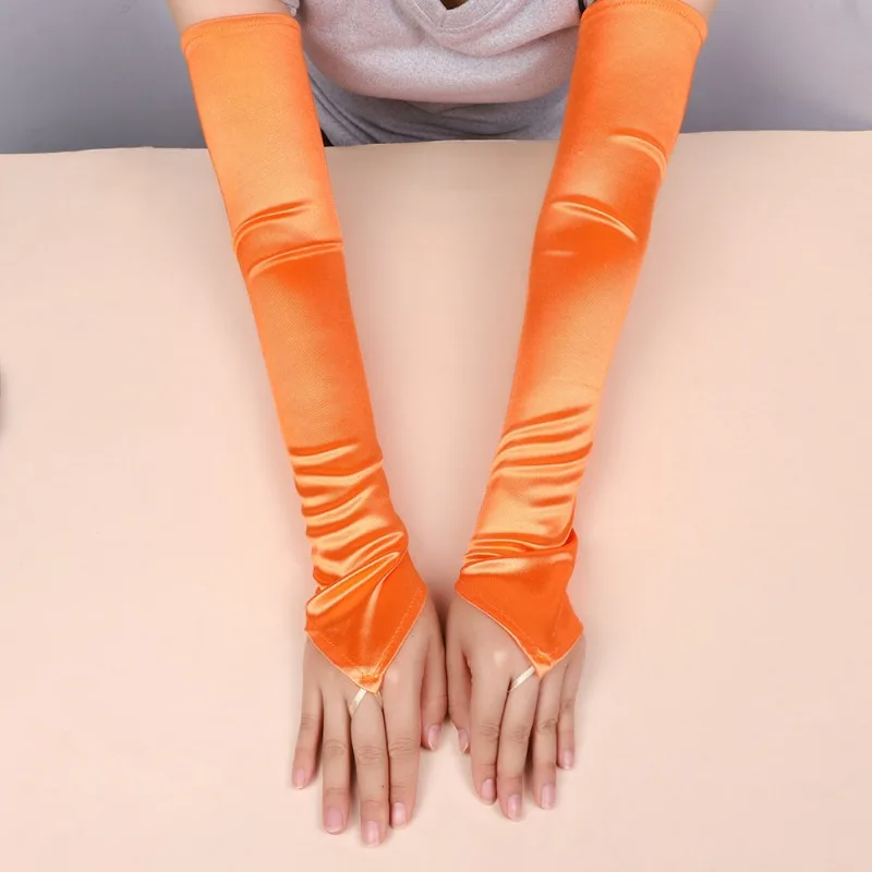 49CM Women Satin Hook Finger Long Fingerless Gloves Solid Retro Style Opera Elasticity Wedding Bride Cosplay Stage Performance
