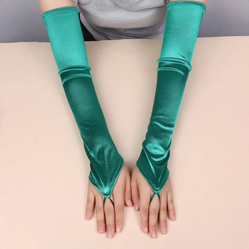 49CM Women Satin Hook Finger Long Fingerless Gloves Solid Retro Style Opera Elasticity Wedding Bride Cosplay Stage Performance