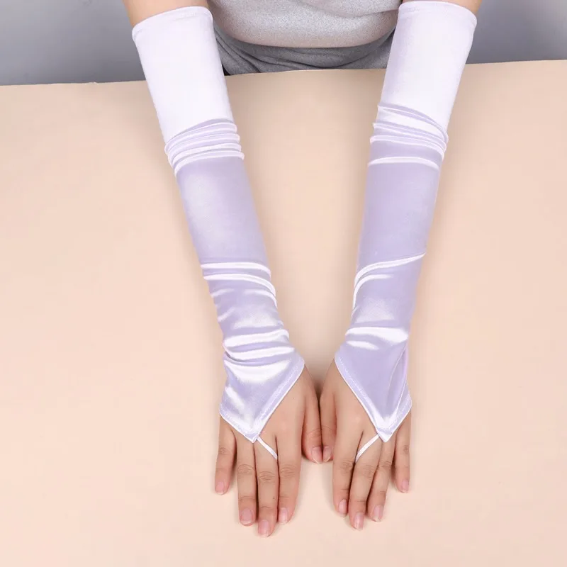 49CM Women Satin Hook Finger Long Fingerless Gloves Solid Retro Style Opera Elasticity Wedding Bride Cosplay Stage Performance