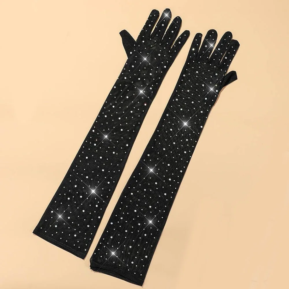 Women Sexy Thin Hollow Flash Drilling Elasticity Lace Mesh Long Gloves Cosplay Halloween Party Nightclub Pole Dance Accessories