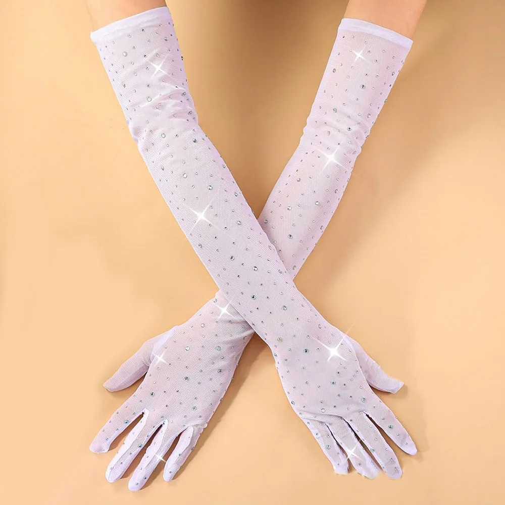 Women Sexy Thin Hollow Flash Drilling Elasticity Lace Mesh Long Gloves Cosplay Halloween Party Nightclub Pole Dance Accessories