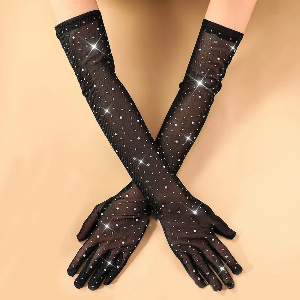 Women Sexy Thin Hollow Flash Drilling Elasticity Lace Mesh Long Gloves Cosplay Halloween Party Nightclub Pole Dance Accessories