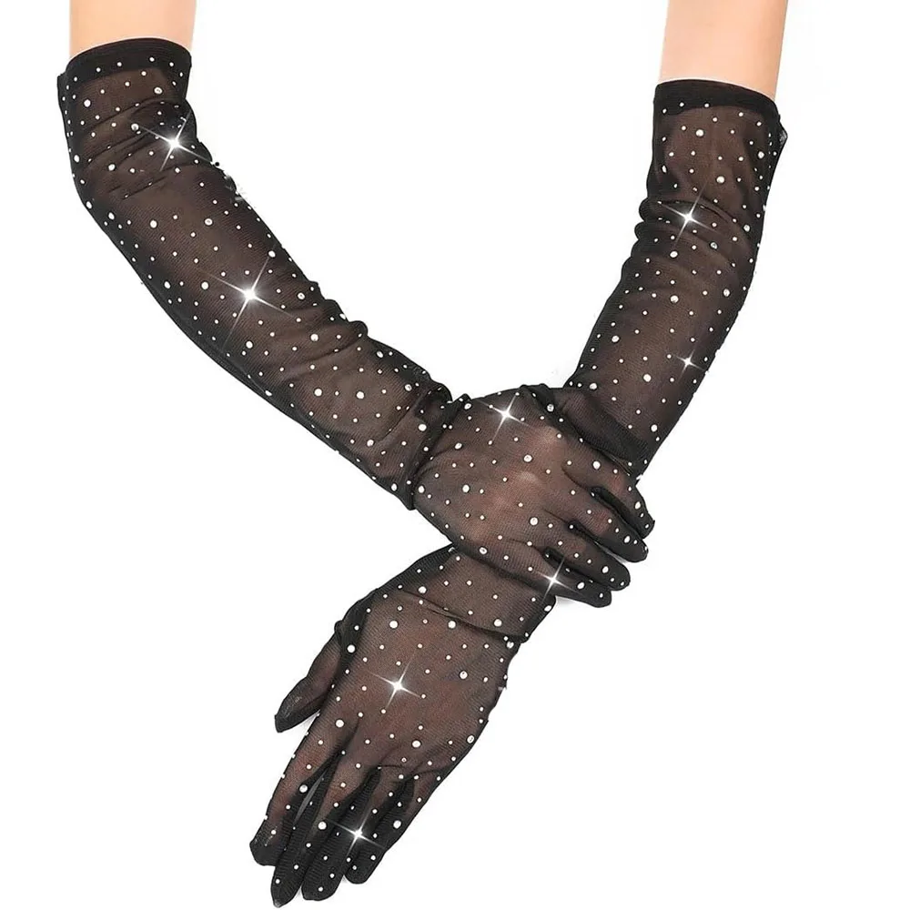 Women Sexy Thin Hollow Flash Drilling Elasticity Lace Mesh Long Gloves Cosplay Halloween Party Nightclub Pole Dance Accessories
