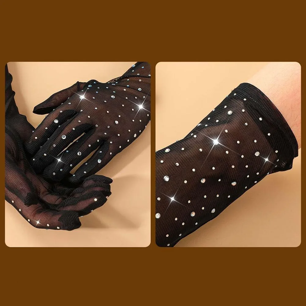 Women Sexy Thin Hollow Flash Drilling Elasticity Lace Mesh Long Gloves Cosplay Halloween Party Nightclub Pole Dance Accessories