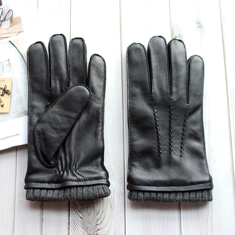 Touch Screen Leather Sheepskin Gloves Men's Winter Thickening Warmth Motorcycle Driving Fashion 2026 New Brown Finger Gloves