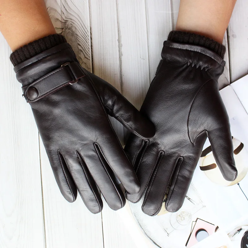 Touch Screen Leather Sheepskin Gloves Men's Winter Thickening Warmth Motorcycle Driving Fashion 2026 New Brown Finger Gloves