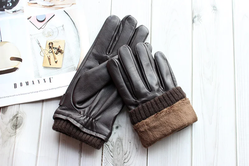 Touch Screen Leather Sheepskin Gloves Men's Winter Thickening Warmth Motorcycle Driving Fashion 2026 New Brown Finger Gloves