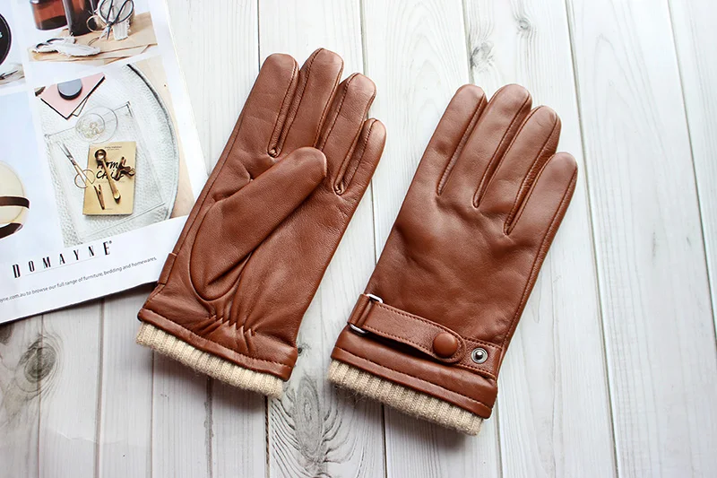Touch Screen Leather Sheepskin Gloves Men's Winter Thickening Warmth Motorcycle Driving Fashion 2026 New Brown Finger Gloves