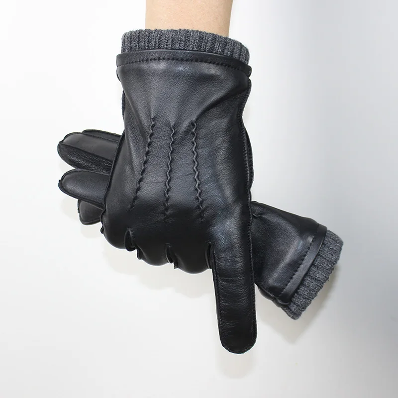 Touch Screen Leather Sheepskin Gloves Men's Winter Thickening Warmth Motorcycle Driving Fashion 2026 New Brown Finger Gloves