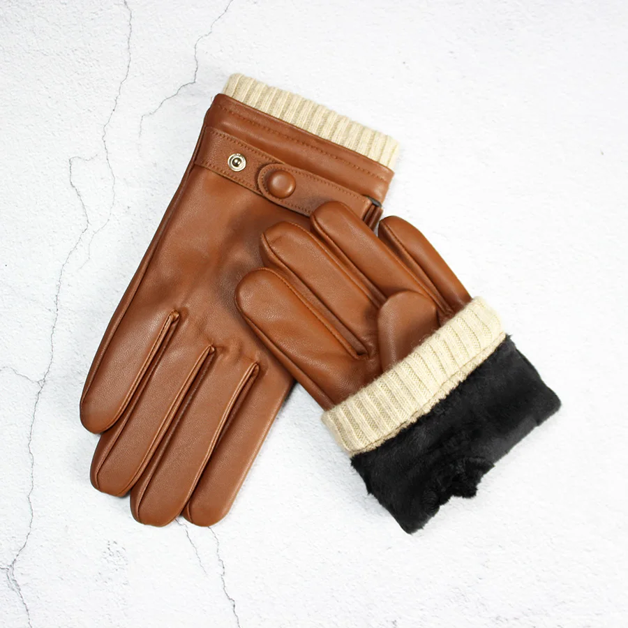 Touch Screen Leather Sheepskin Gloves Men's Winter Thickening Warmth Motorcycle Driving Fashion 2026 New Brown Finger Gloves
