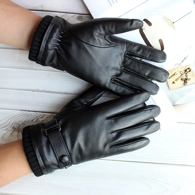 Touch Screen Leather Sheepskin Gloves Men's Winter Thickening Warmth Motorcycle Driving Fashion 2026 New Brown Finger Gloves