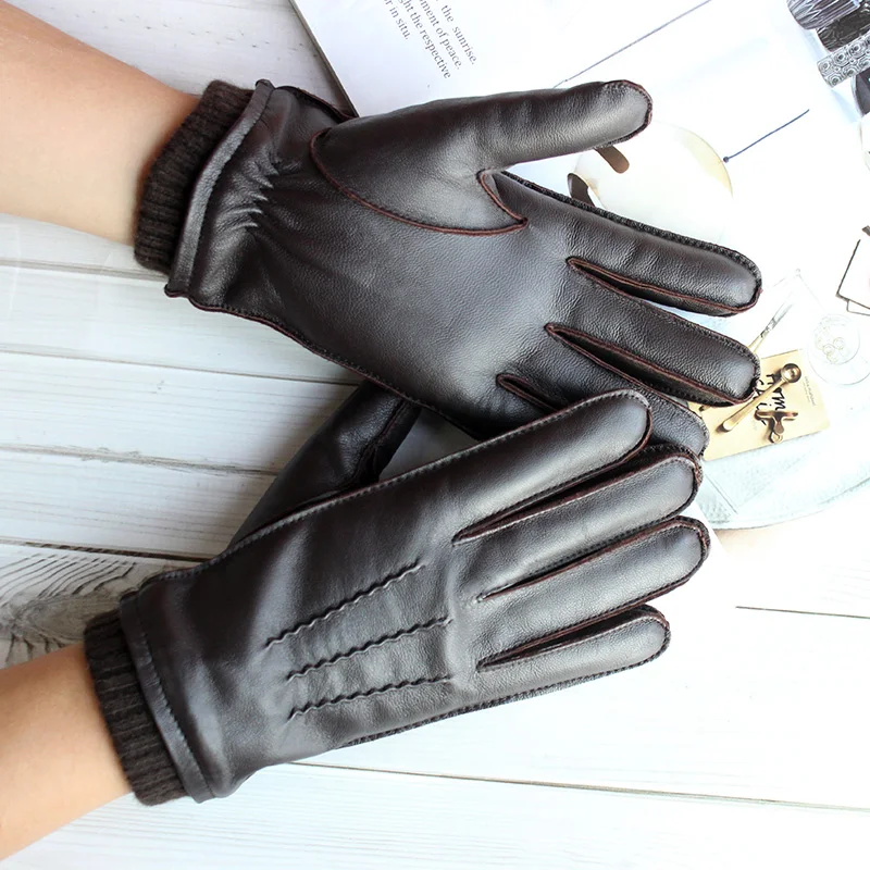 Touch Screen Leather Sheepskin Gloves Men's Winter Thickening Warmth Motorcycle Driving Fashion 2026 New Brown Finger Gloves